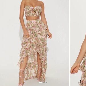 Fashionova- Sandra High Low Maxi Skirt Set - Pink/combo